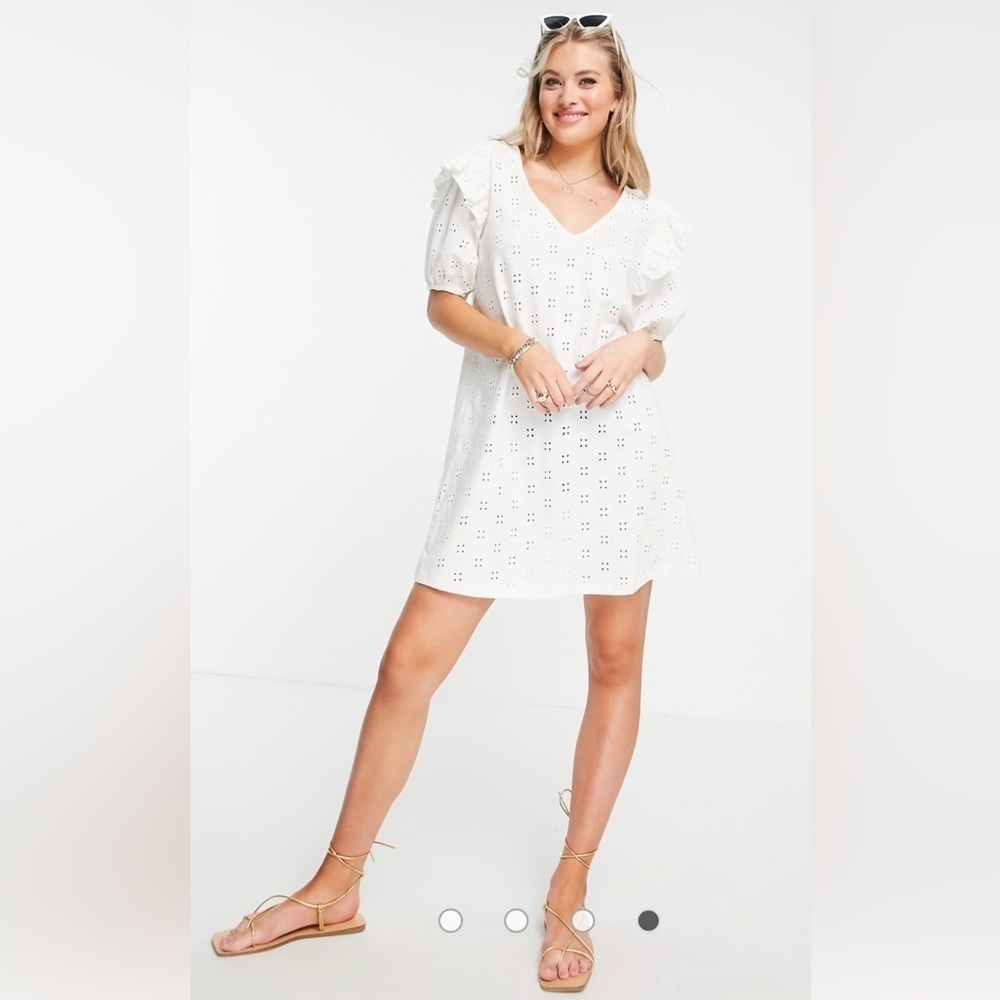 ASOS DESIGN Broderie V Neck Mini Dress White Short Sleeves Shoulder Frill Size 8